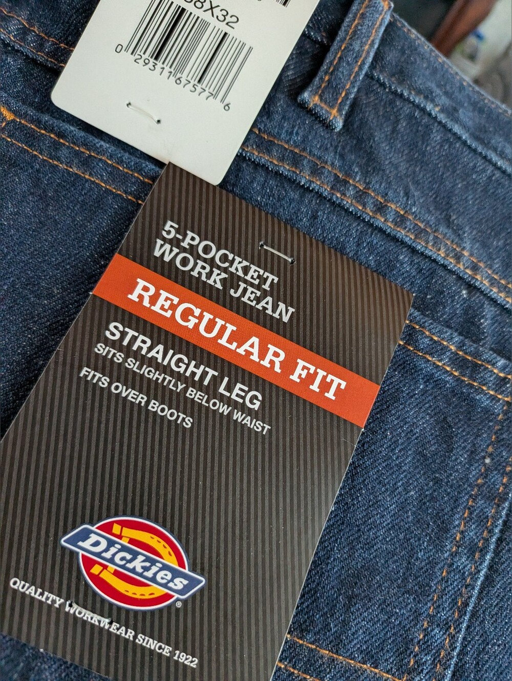 Dickies Men’s Straight Leg Jeans in Dark Blue with Orange Stitching 38x32